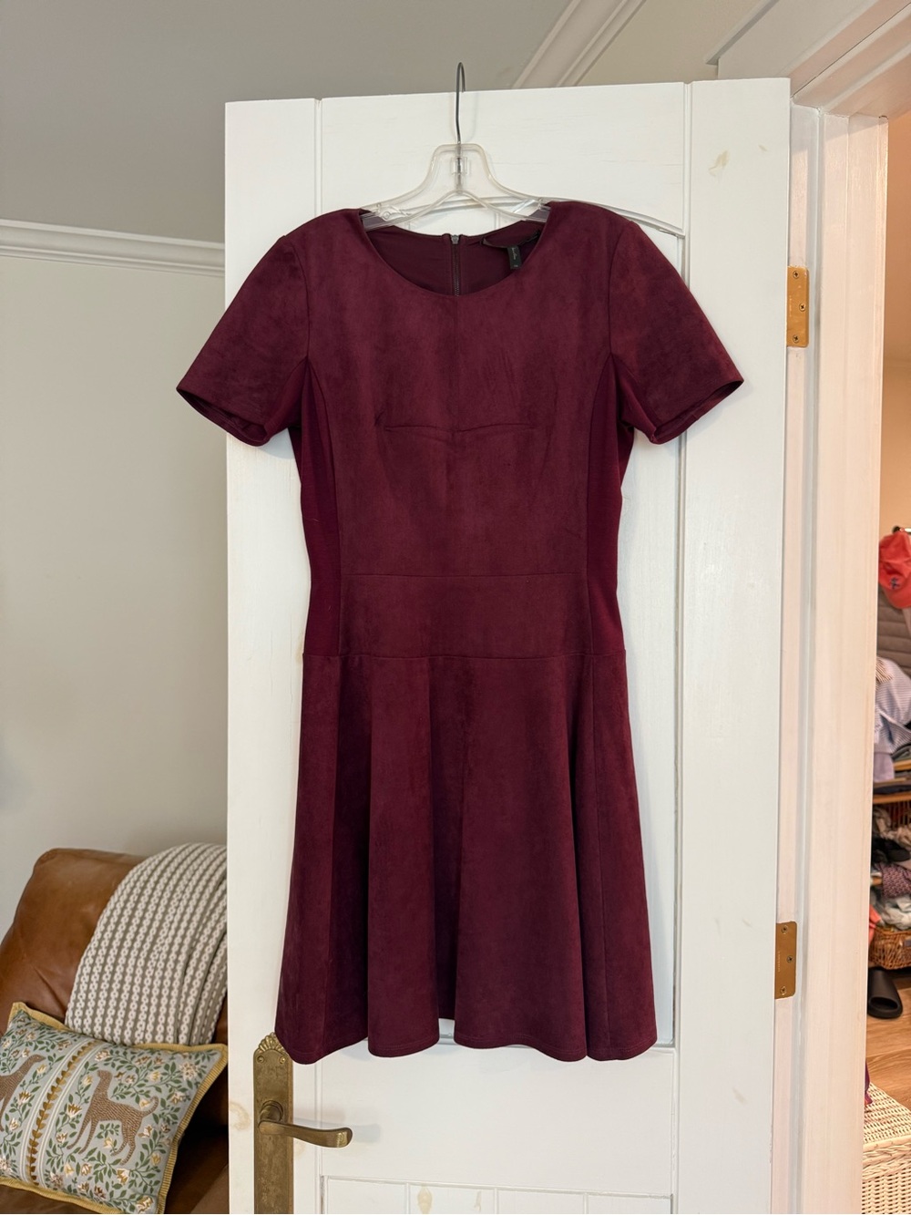 BCBG Burgundy Faux Suede Fit & Flare Dress Size 6 Short Sleeve Scoop Neck Wine